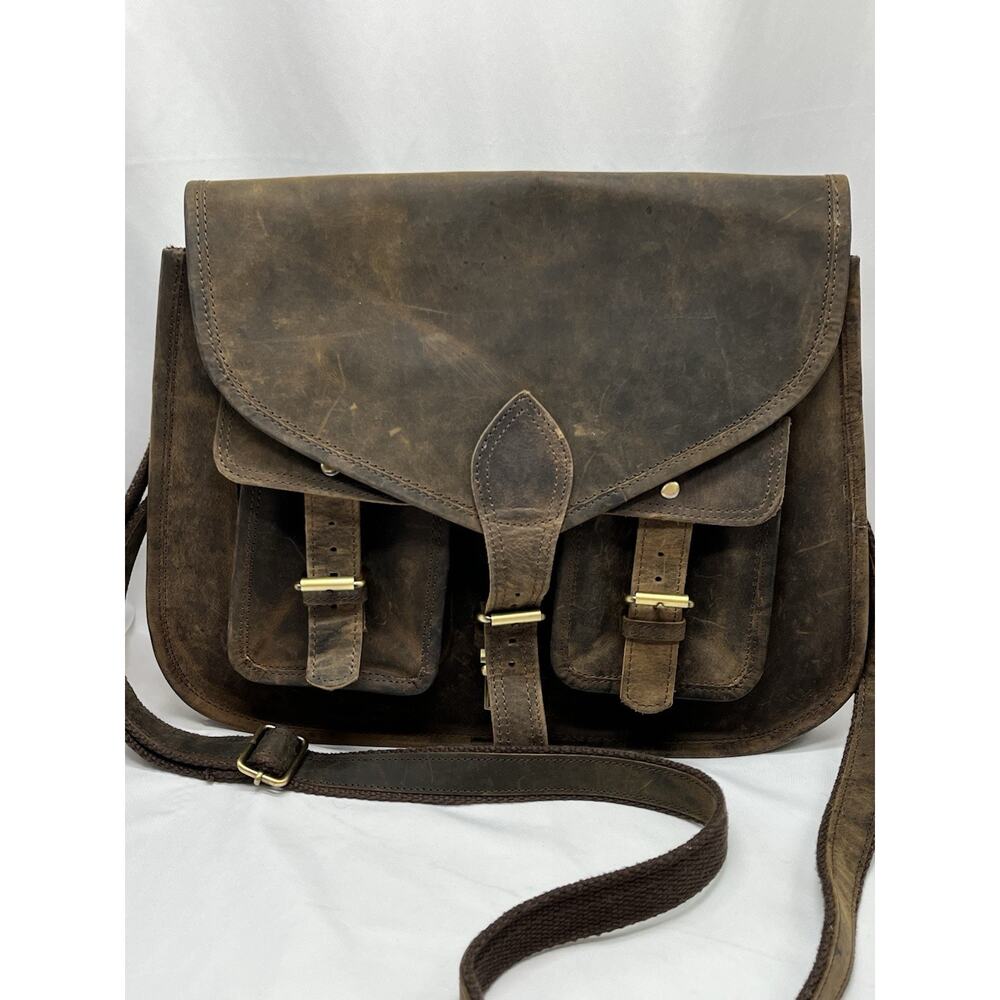 Brown Leather Messenger Bag Satchel Crossbody Distressed Pockets Buckle Accents